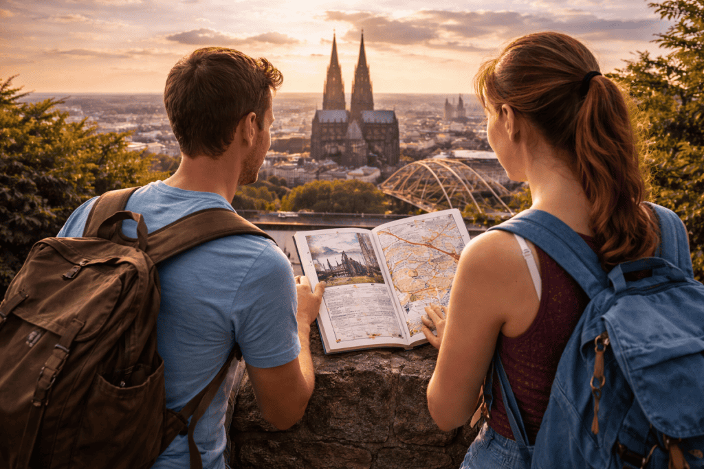 Reiseplanung für Köln mit Stadtplan, Kamera und Sehenswürdigkeiten