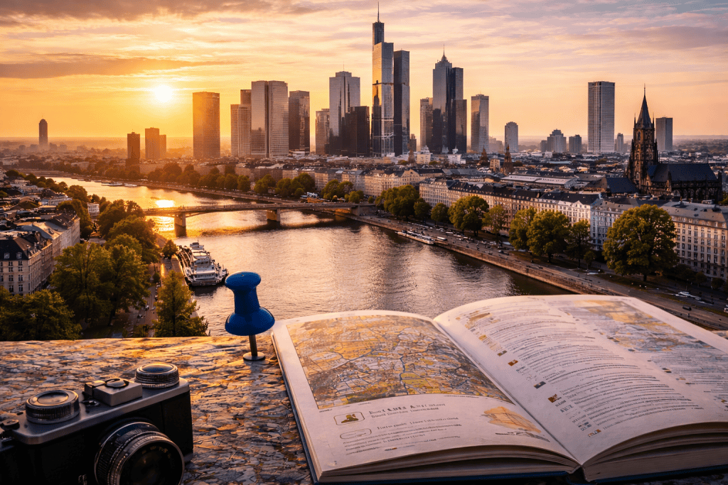 Blick auf die Frankfurter Skyline mit Main, Hochhäusern und Altstadt bei Sonnenuntergang
