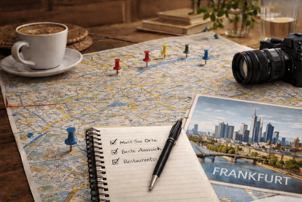 Reiseplanung für Frankfurt mit Stadtplan, Smartphone und Skyline-Blick