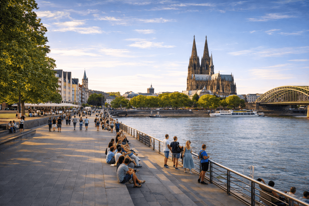 Rheinpromenade Köln mit Blick auf Dom, Rhein und Altstadt
