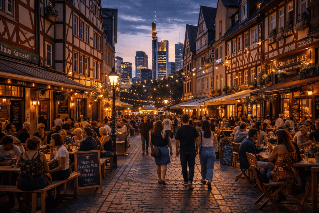 Straßenszene in einem typischen Frankfurter Viertel mit Cafés und Altbauten