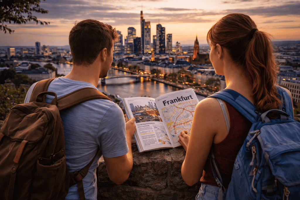 Reiseplanung für Frankfurt mit Stadtplan, Kamera und Sehenswürdigkeiten