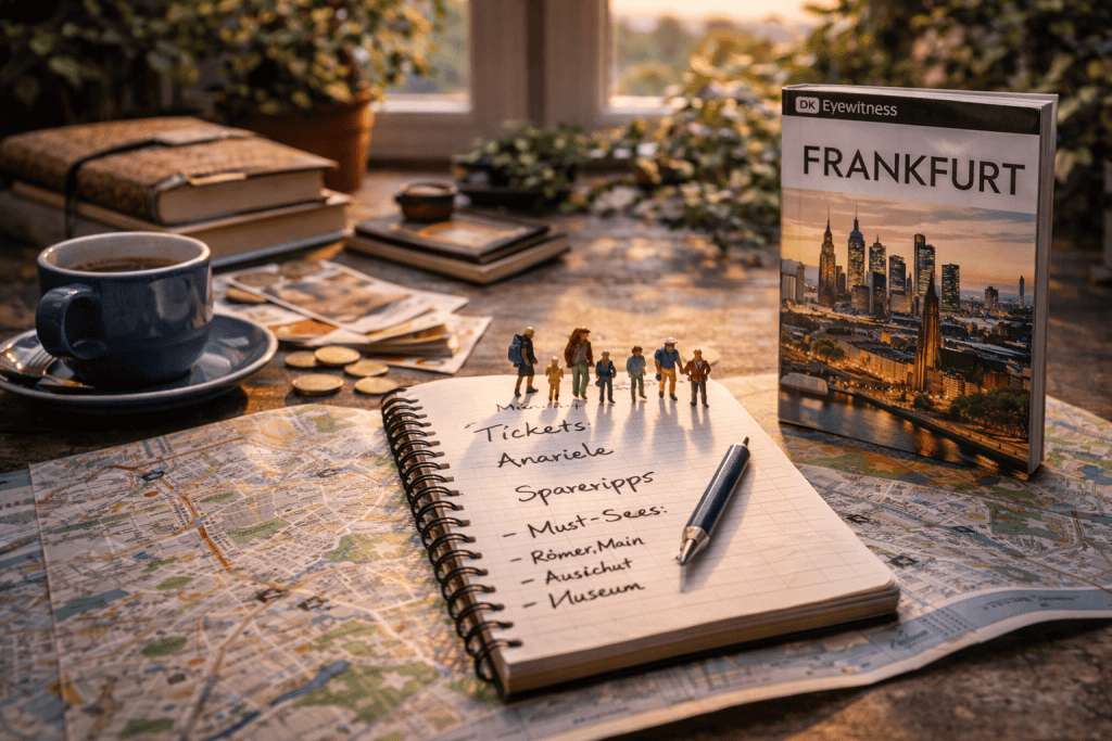 Frankfurt Reisevorbereitung mit Stadtplan, Smartphone, Tickets und Notizbuch