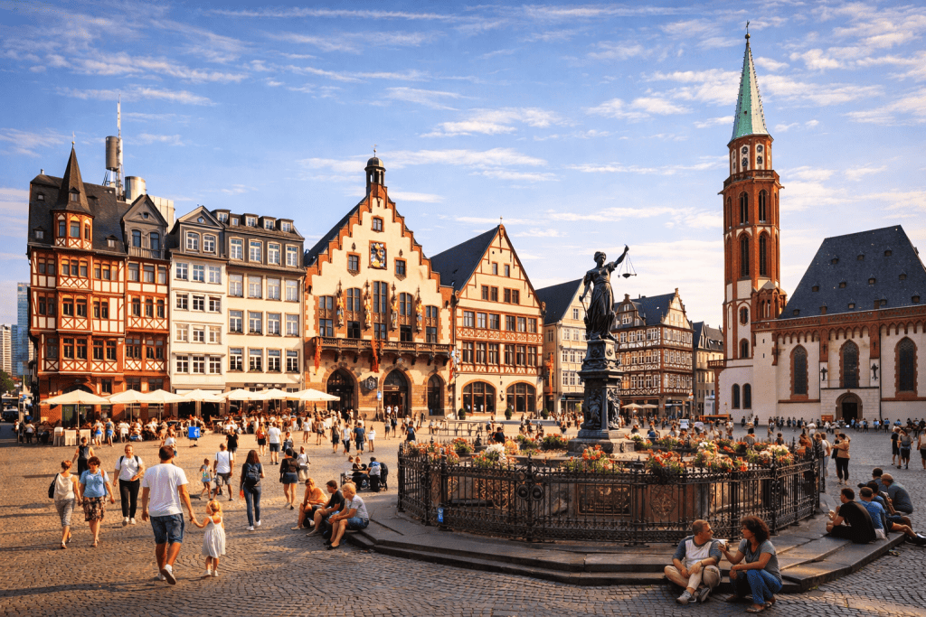 Römerberg Frankfurt mit Fachwerkhäusern und historischem Rathaus