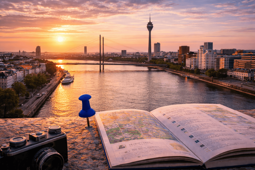 Blick auf die Düsseldorfer Skyline mit Rhein, Rheinuferpromenade und MedienHafen