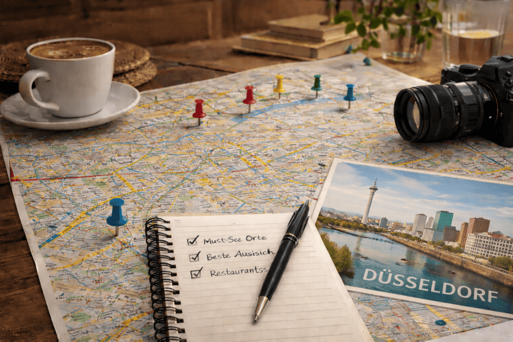 Reiseplanung für Düsseldorf mit Stadtplan, Smartphone und Rheinblick