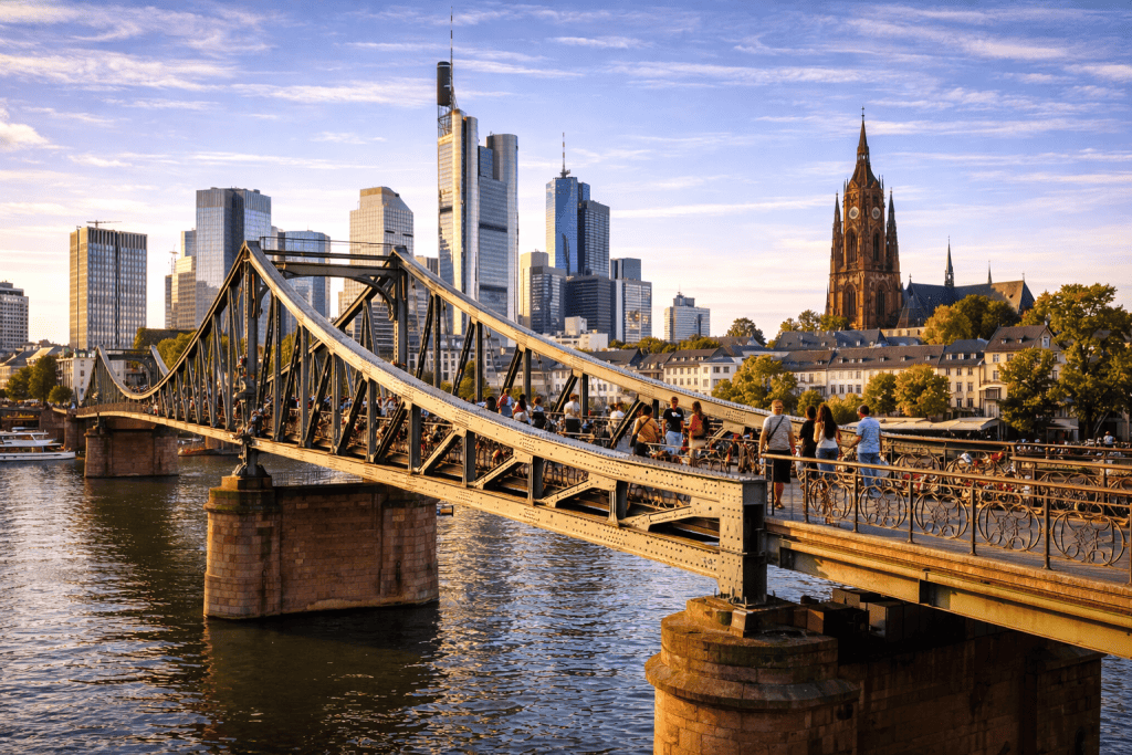 Eiserner Steg Frankfurt mit Blick auf Main und Skyline