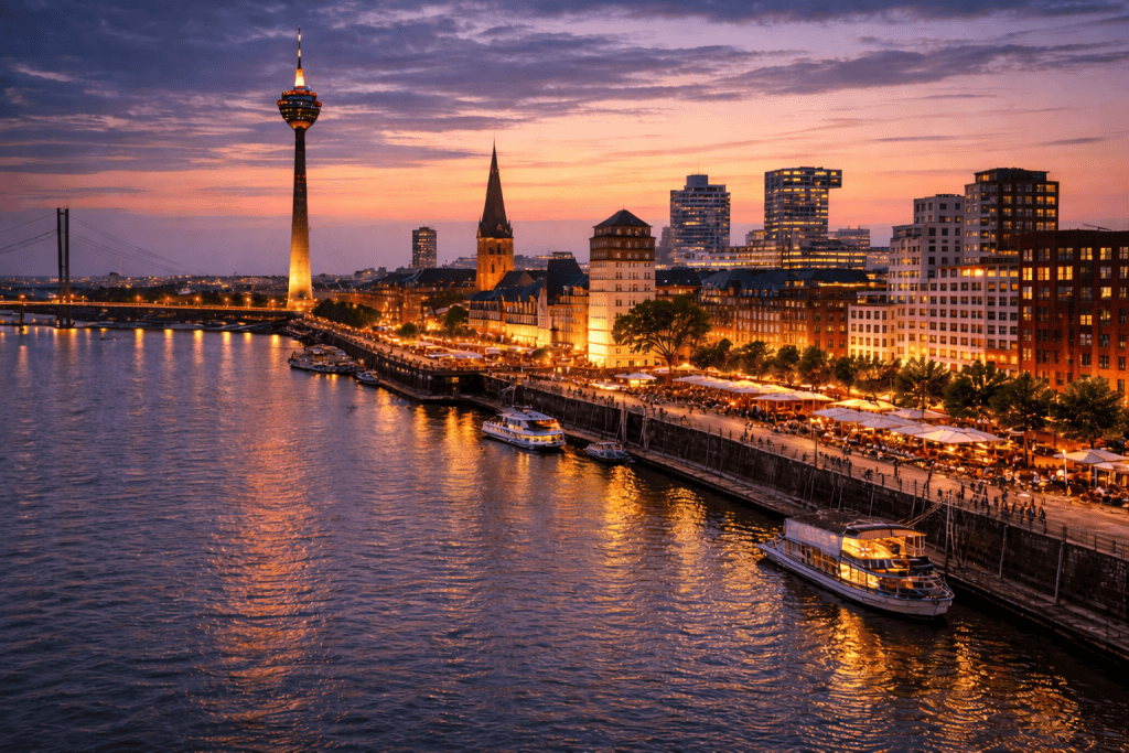 Düsseldorf Skyline mit Rhein, Altstadt und MedienHafen bei Sonnenuntergang