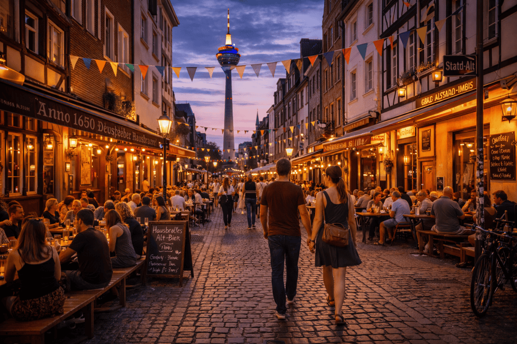 Straßenszene in einem typischen Düsseldorfer Viertel mit Cafés und Altbauten