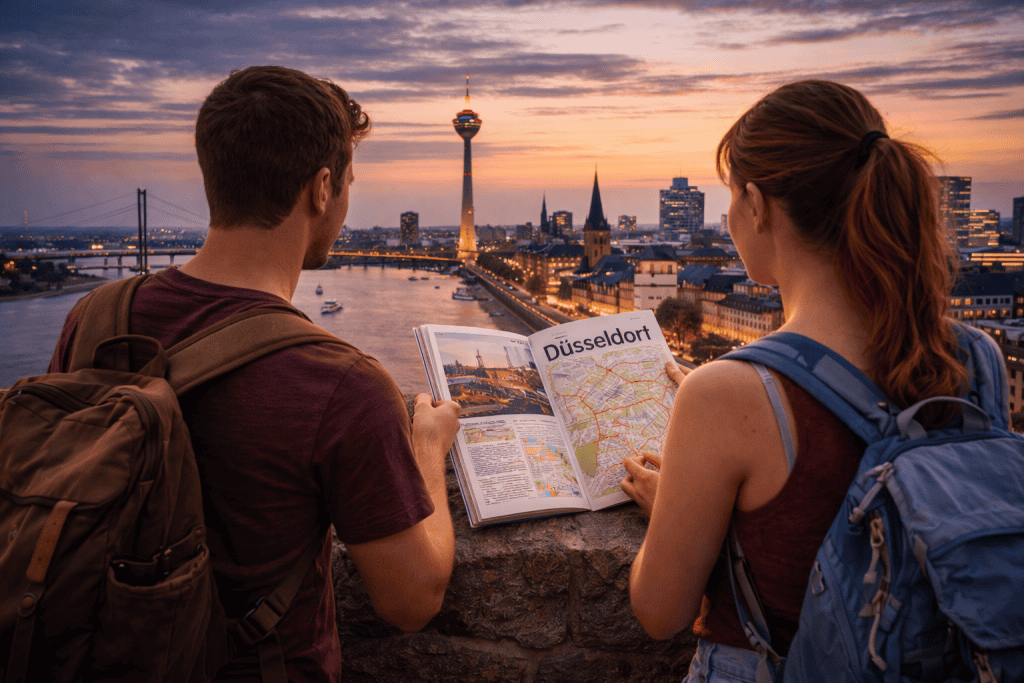 Reiseplanung für Düsseldorf mit Stadtplan, Kamera und Sehenswürdigkeiten