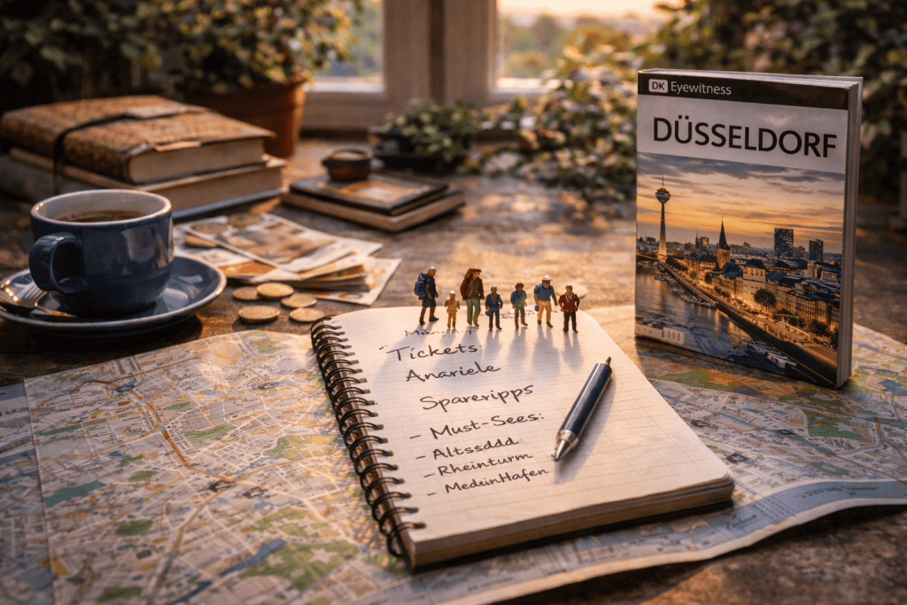 Düsseldorf Reisevorbereitung mit Stadtplan, Smartphone, Tickets und Notizbuch