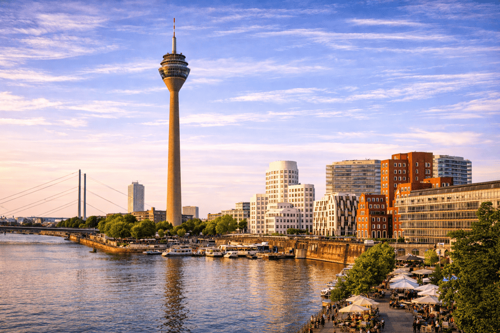 Rheinturm Düsseldorf mit Blick auf Rhein und Innenstadt