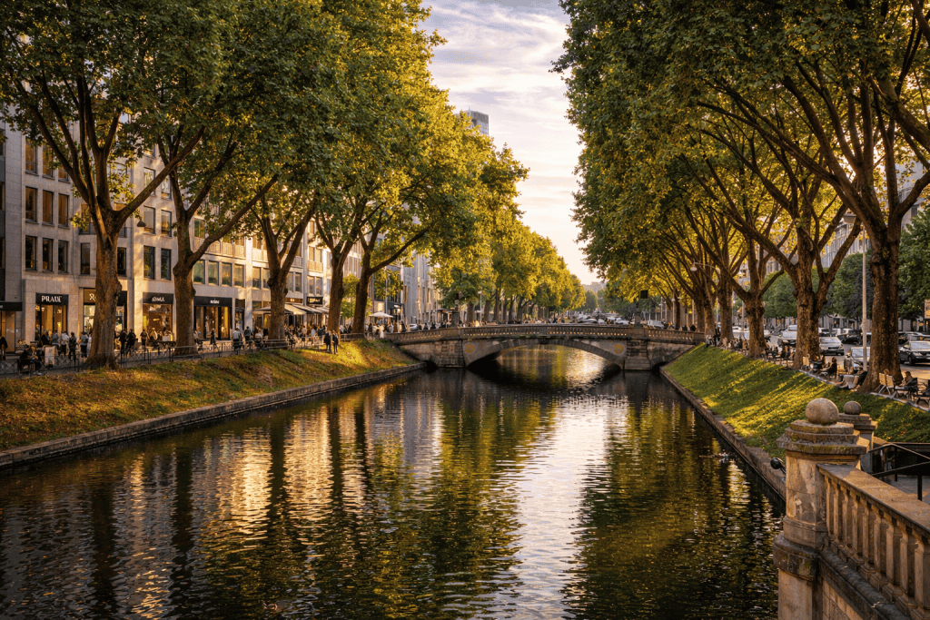 Königsallee Düsseldorf mit Stadtgraben, Bäumen und Geschäften