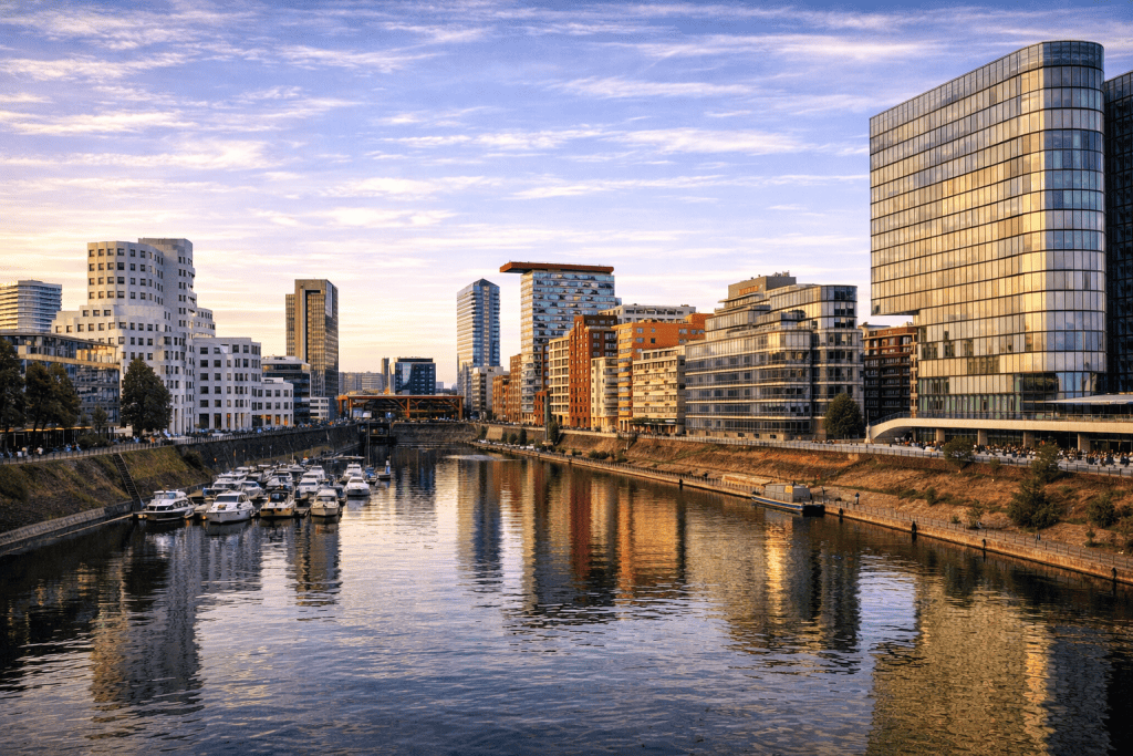 MedienHafen Düsseldorf mit moderner Architektur und Rheinufer