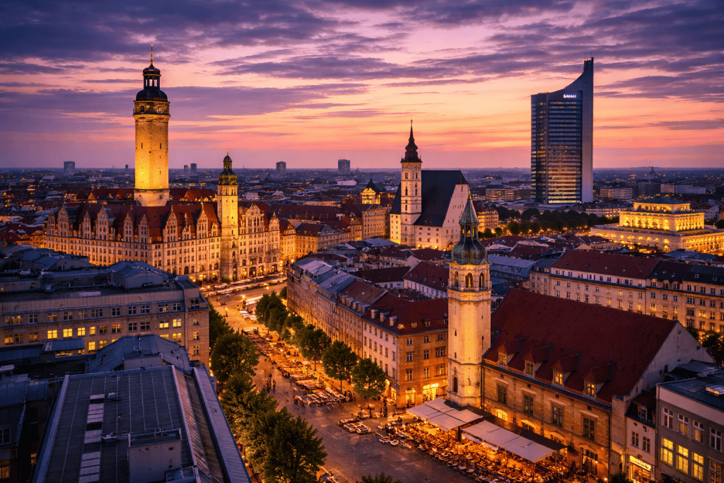 Leipzig Skyline mit Innenstadt und historischen Gebäuden bei Sonnenuntergang