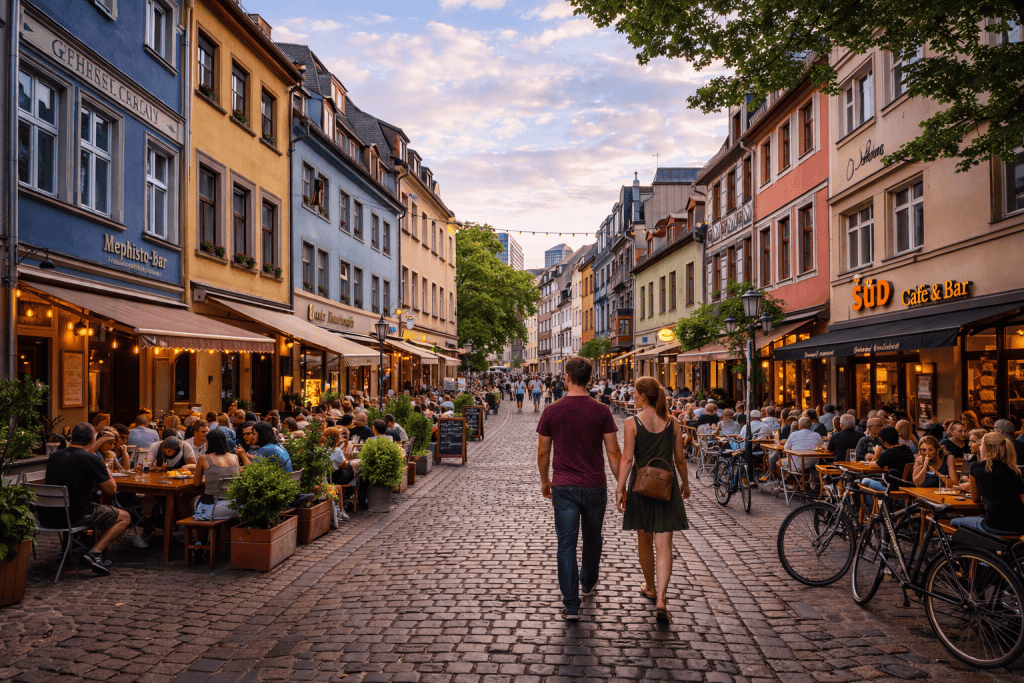 Straßenszene in einem typischen Leipziger Viertel mit Altbauten und Cafés