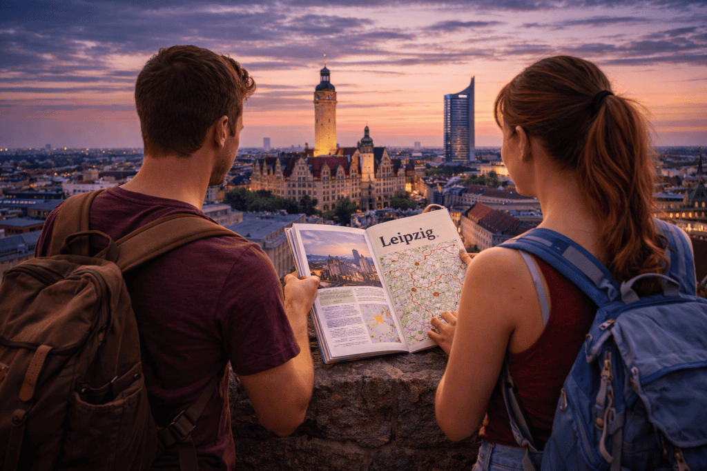 Reiseplanung für Leipzig mit Stadtplan, Kamera und Sehenswürdigkeiten