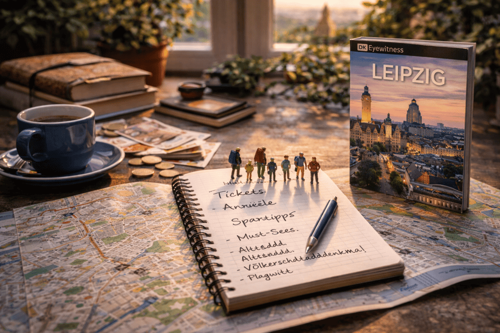 Leipzig Reisevorbereitung mit Stadtplan, Smartphone, Tickets und Notizbuch