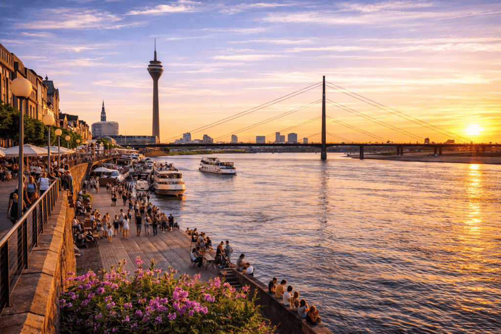Rheinuferpromenade Düsseldorf mit Rhein, Spaziergängern und Skyline