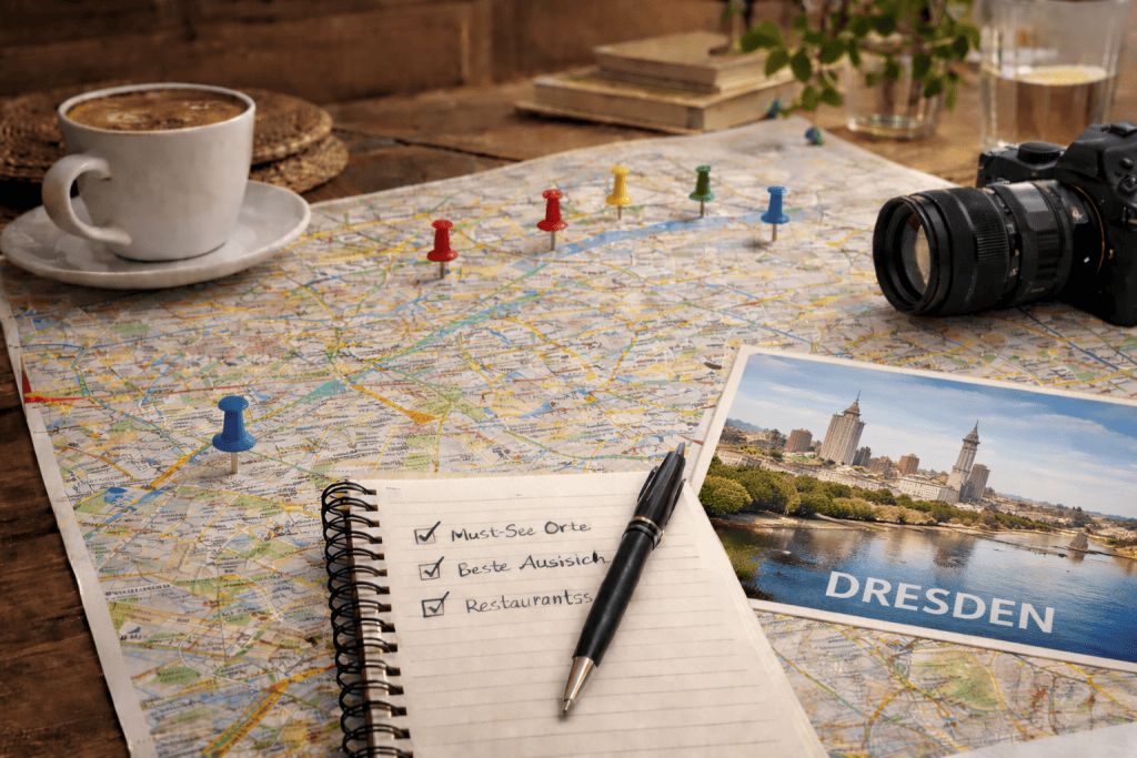 Reiseplanung für Dresden mit Stadtplan, Smartphone und Altstadtblick