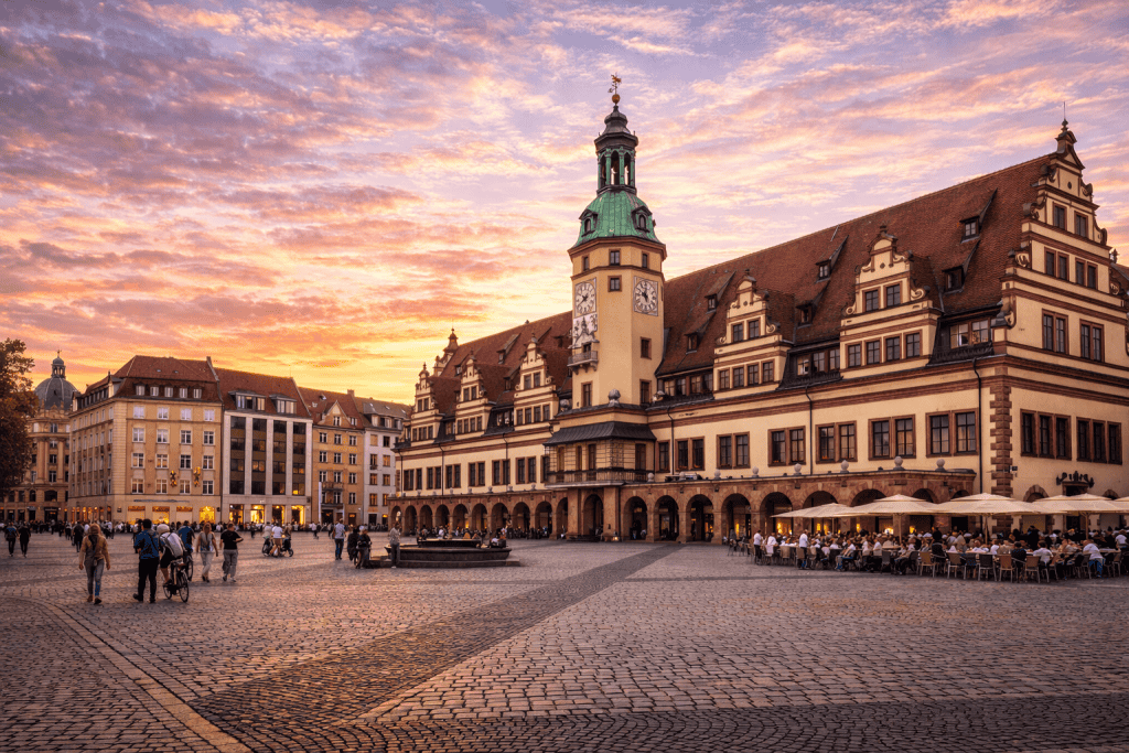 Marktplatz Leipzig mit Altem Rathaus und historischer Bebauung
