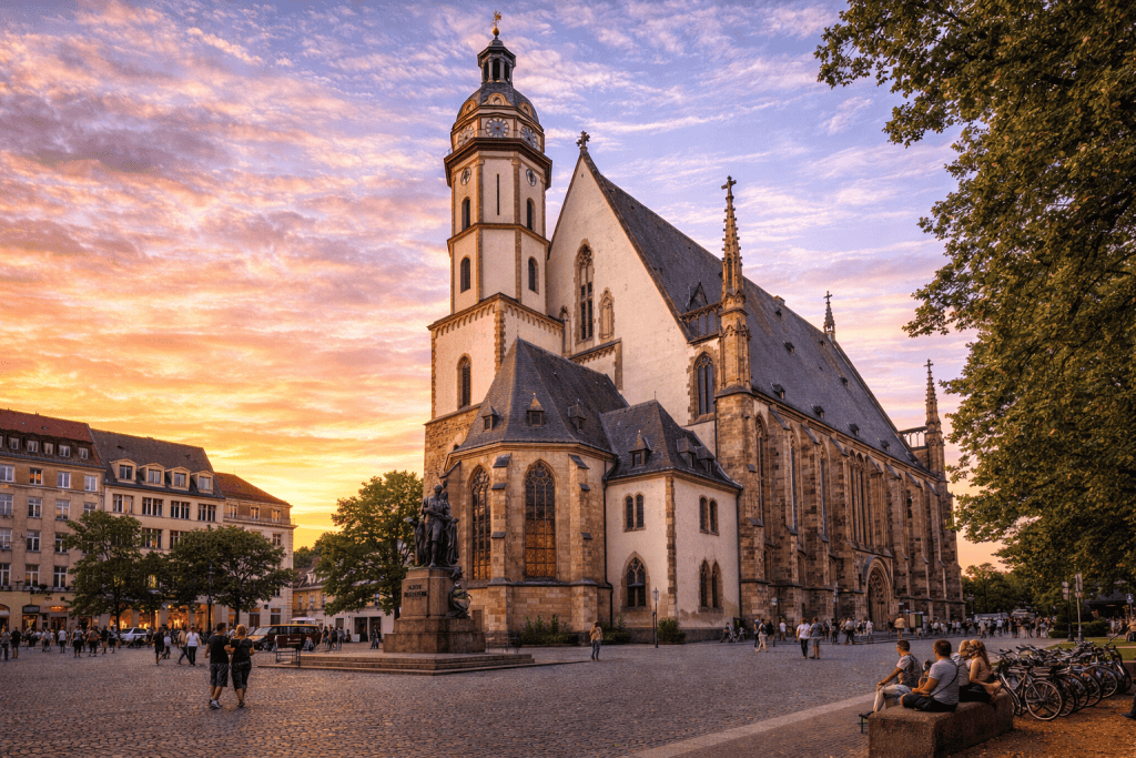 Thomaskirche Leipzig mit Kirchturm und Vorplatz