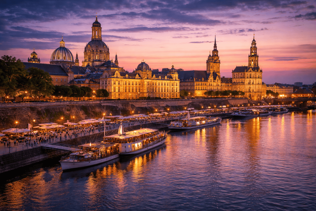 Dresden Skyline mit Altstadt, Frauenkirche und Elbe bei Sonnenuntergang