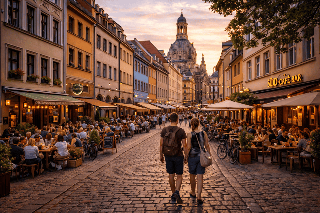 Straßenszene in einem typischen Dresdner Viertel mit historischen Fassaden