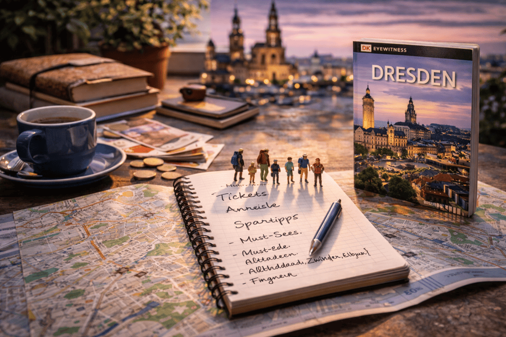 Dresden Reisevorbereitung mit Stadtplan, Smartphone, Tickets und Notizbuch