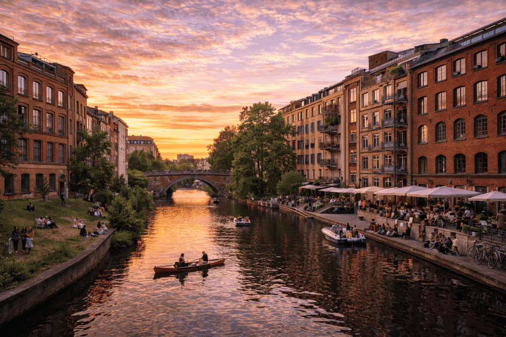 Karl-Heine-Kanal Leipzig mit Booten, Brücken und Industriebauten