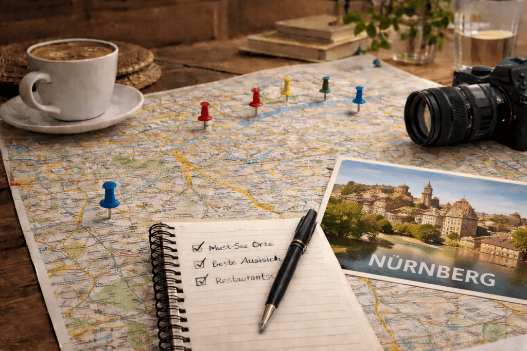 Reiseplanung für Nürnberg mit Stadtplan, Smartphone und Altstadtblick