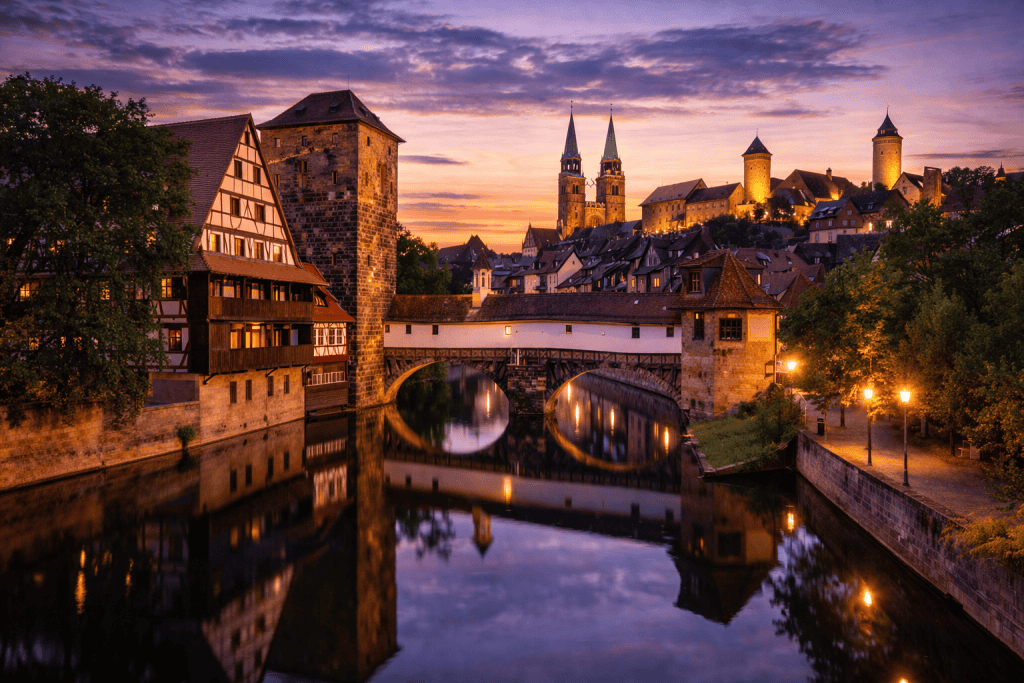 Nürnberg Altstadt mit Kaiserburg und Fachwerkhäusern bei Sonnenuntergang
