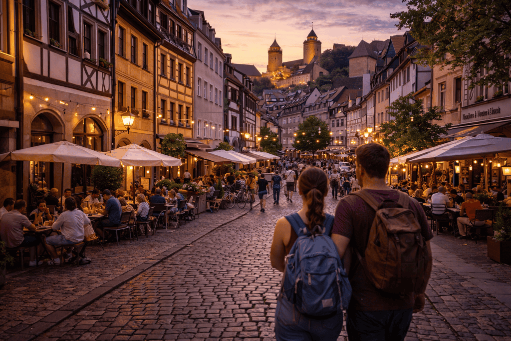Straßenszene in einem typischen Nürnberger Viertel mit historischen Gebäuden