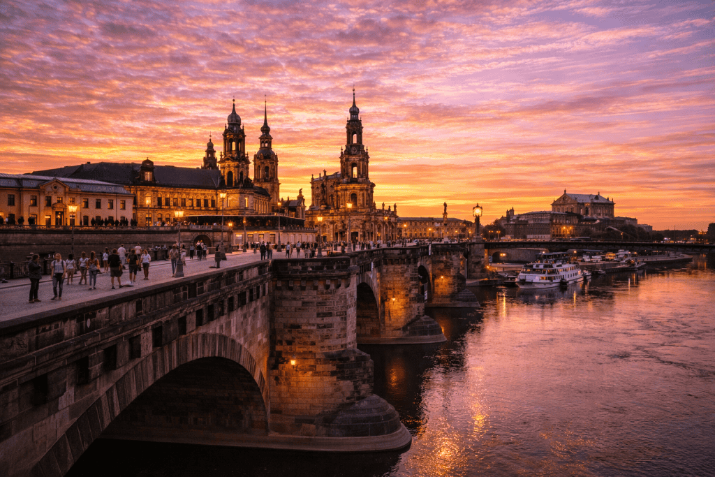 Augustusbrücke Dresden mit Elbe und Altstadtansicht