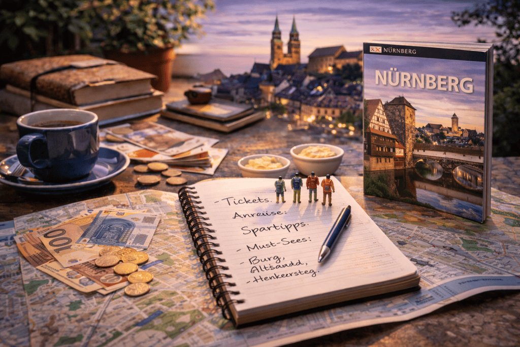 Nürnberg Reisevorbereitung mit Stadtplan, Smartphone, Tickets und Notizbuch