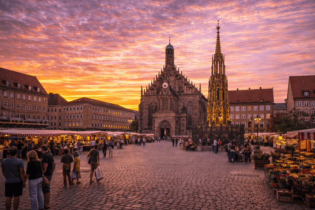 Hauptmarkt Nürnberg mit Frauenkirche und Marktbetrieb