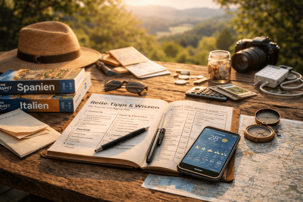 Reiseplanung mit Karte, Notizen und Ausrüstung - Planung und Orientierung