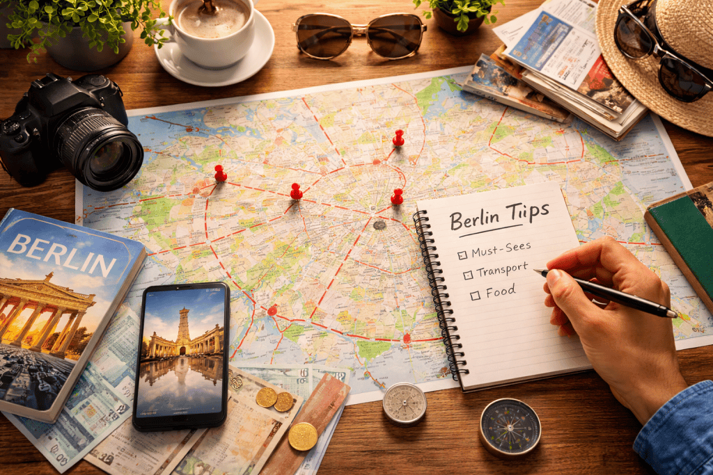 Planung und Reisetipps für Berlin mit Stadtplan, Notizen und Sehenswürdigkeiten im Hintergrund