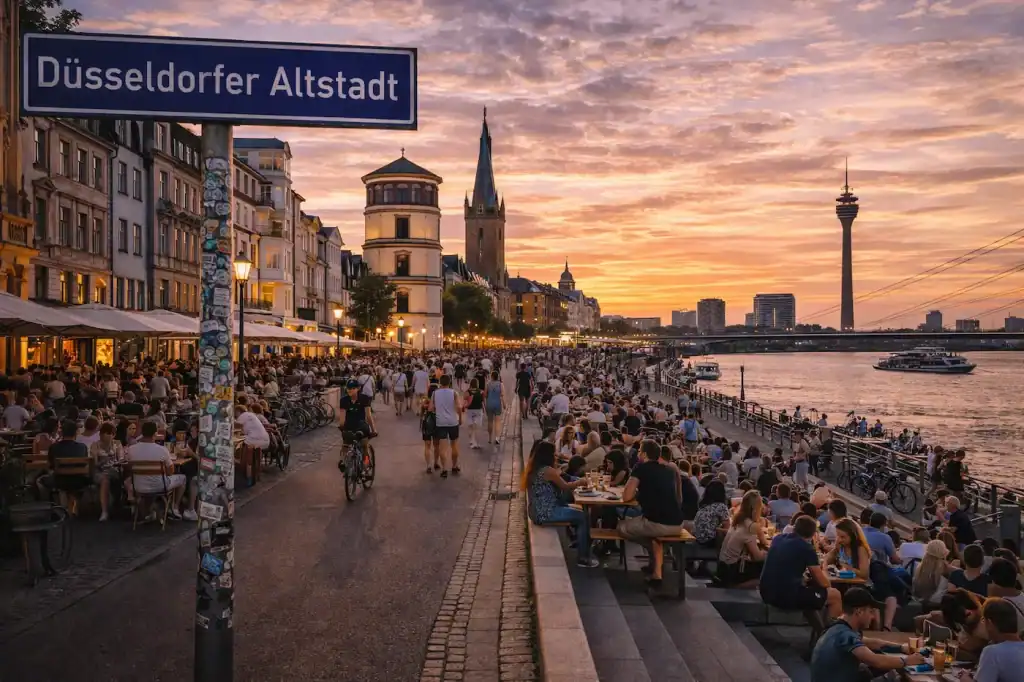 Düsseldorfer Altstadt mit Rheinpromenade, historischen Gebäuden und Besuchern
