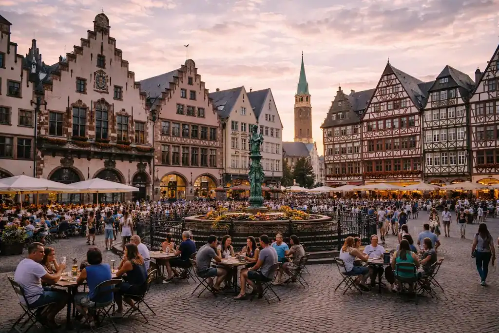 Frankfurter Altstadt mit Römerberg, historischen Fachwerkhäusern und Besuchern