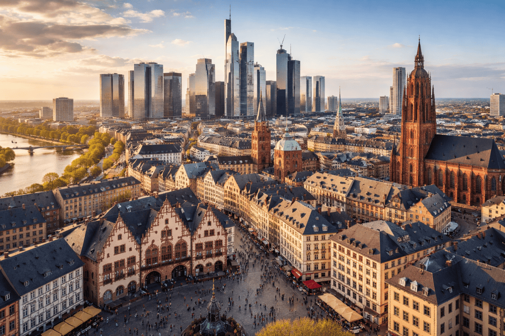 Frankfurt Skyline mit Main und Altstadt bei Tageslicht