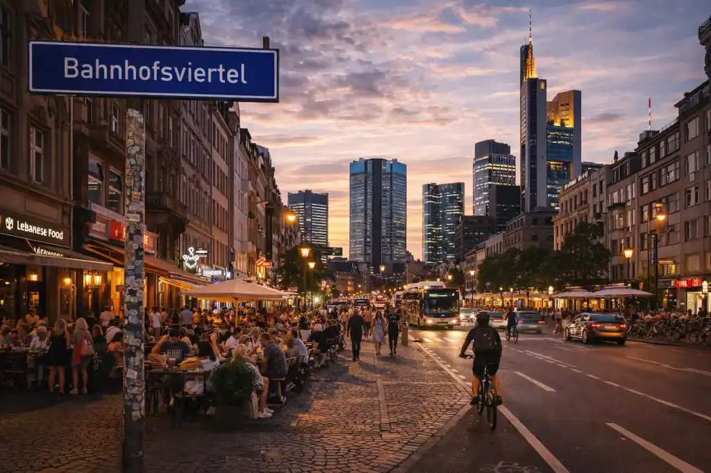 Bahnhofsviertel Frankfurt mit Hochhäusern, Straßenszene und urbanem Alltag