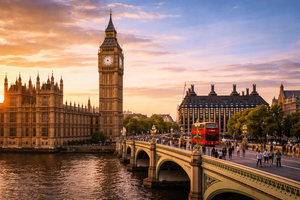 Big Ben und Palace of Westminster am Ufer der Themse in London