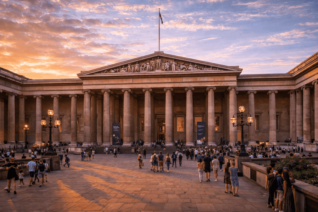Außenansicht des British Museum in London mit klassischer Architektur