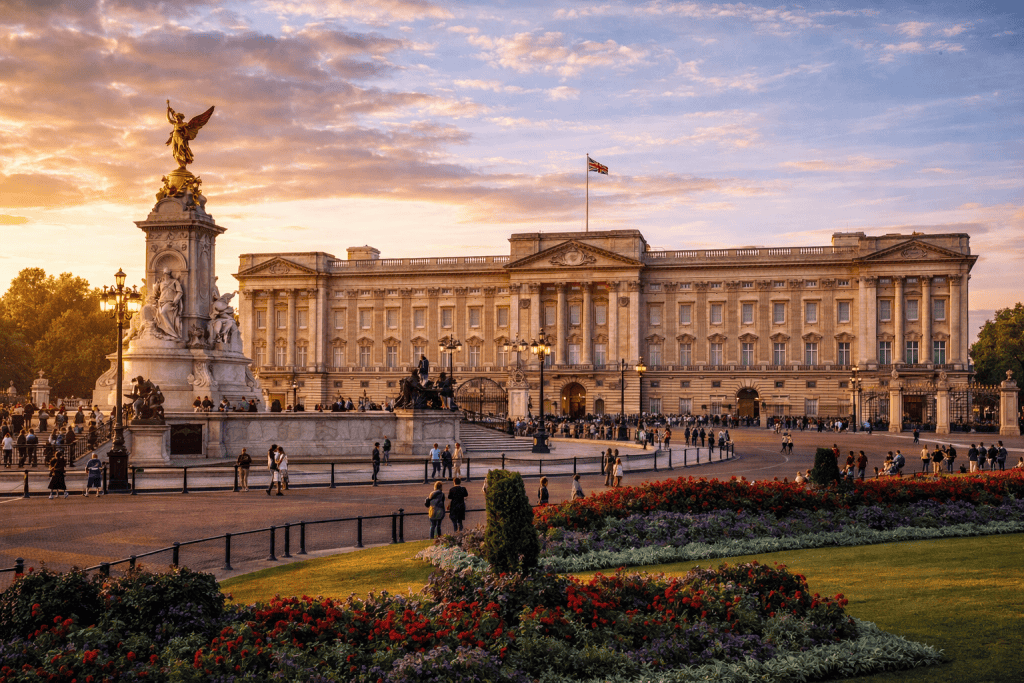 Buckingham Palace in London mit Vorplatz und historischer Fassade