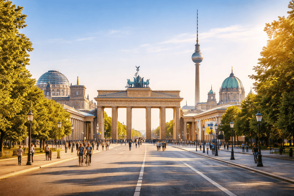 Panoramablick auf das Brandenburger Tor in Berlin am Morgen mit Fernsehturm, Reichstag und Berliner Dom im Hintergrund – ideal für einen Tagesplan durch Berlin.