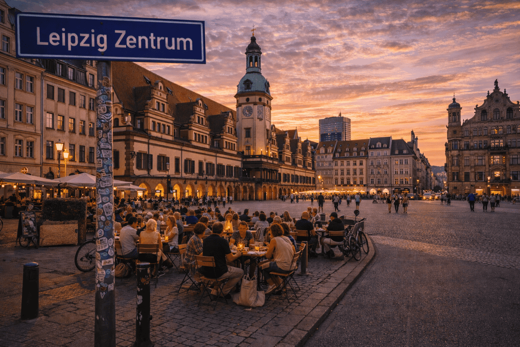 Leipzig Zentrum mit Marktplatz, historischen Gebäuden und Stadtleben