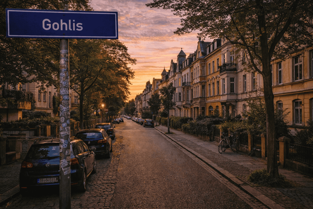 Gohlis Leipzig mit Altbauten, Bäumen und ruhiger Wohnstraße