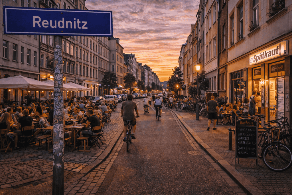 Reudnitz Leipzig mit Straßencafés, Wohnhäusern und Alltagsleben
