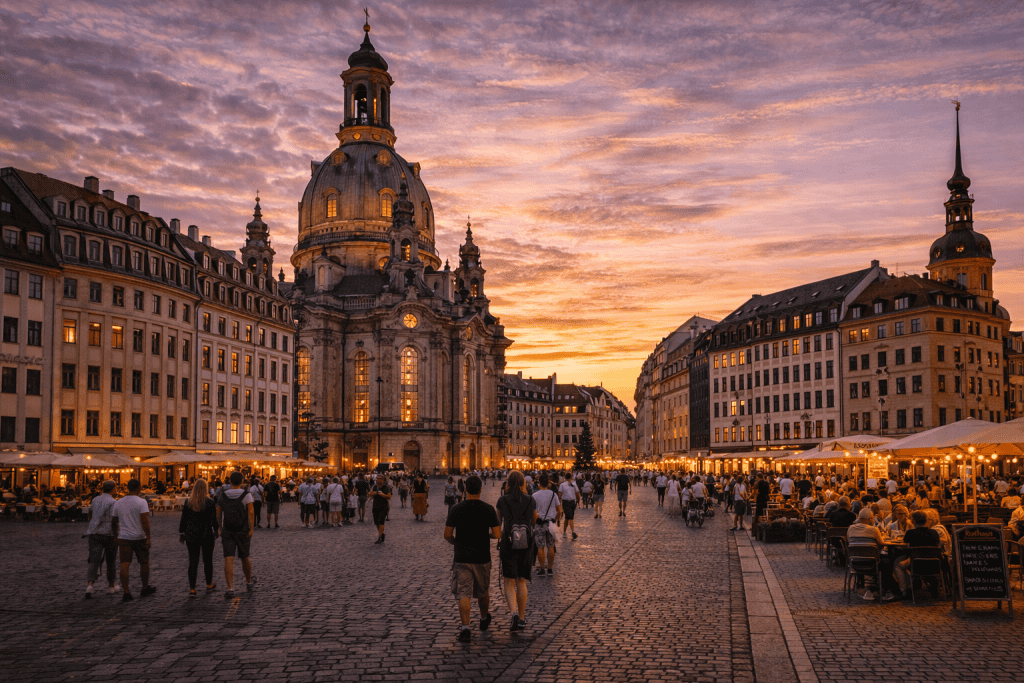Dresdner Altstadt mit Frauenkirche, historischen Gebäuden und Besuchern